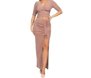 Mocha Ruched Front Wrap Top Slit Skirt Two Piece Set - Aimak Beauty Apparel   